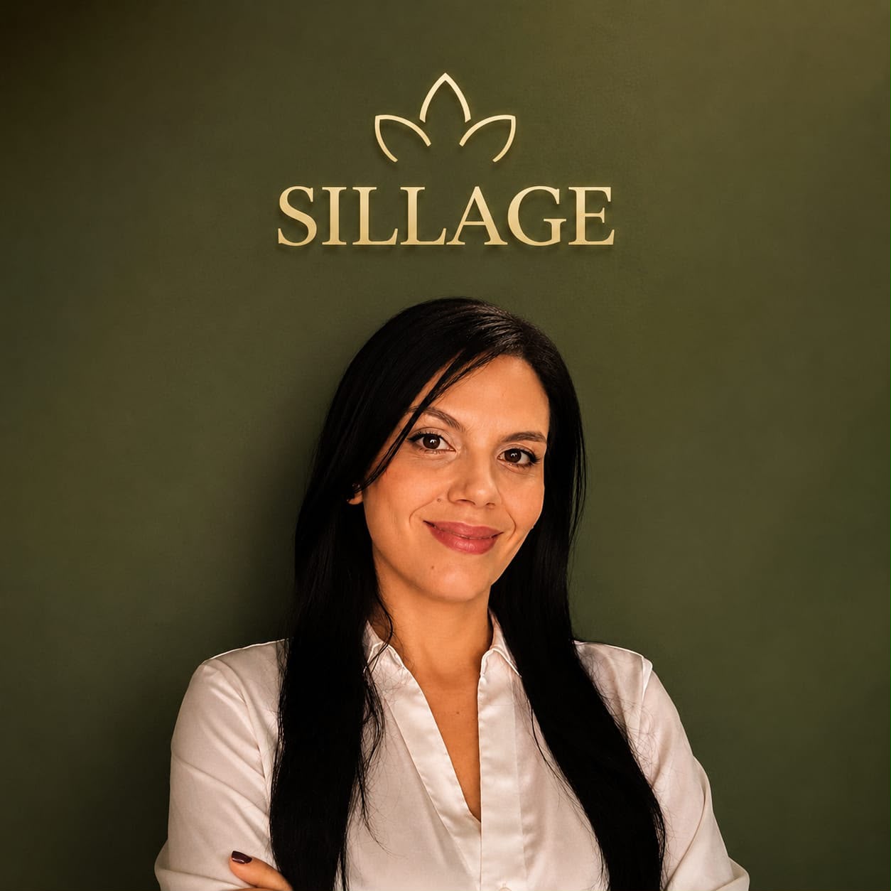 Bianca, fundadora de Sillage, sonriendo frente a una pared verde con el logo dorado de Sillage.