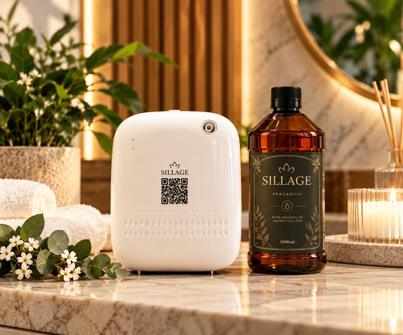 Difusor blanco Sillage junto a una botella de fragancia de 1000 ml sobre una encimera de mármol con plantas y una vela.